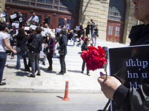 The poster reads "We are Here" in Western Armenian.