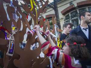 An Armenian girl ties a ribbon onto the Wishing Tree in front of the French Embassy in Istanbul.